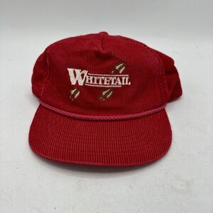Vintage Hunting Hat Unisex Red Corduroy Deer Whitetail Rope Cap Script Snapback